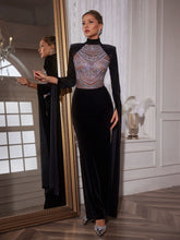 Load image into Gallery viewer, Reon Patchwork Rhinestone Velvet Maxi Dress
