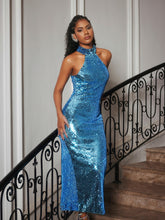 Load image into Gallery viewer, Riddhi Halterneck Sequin Midi Dress In Blue

