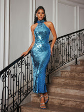 Load image into Gallery viewer, Riddhi Halterneck Sequin Midi Dress In Blue

