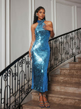 Load image into Gallery viewer, Riddhi Halterneck Sequin Midi Dress In Blue
