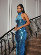 Load image into Gallery viewer, Riddhi Halterneck Sequin Midi Dress In Blue
