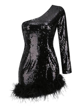Load image into Gallery viewer, Romy One Shoulder Sequin Feather Mini Dress
