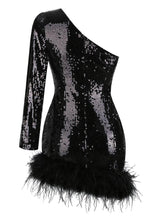 Load image into Gallery viewer, Romy One Shoulder Sequin Feather Mini Dress
