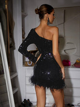 Load image into Gallery viewer, Romy One Shoulder Sequin Feather Mini Dress
