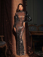 Load image into Gallery viewer, Rosina Long Sleeve Acrylic Mesh Maxi Dress
