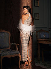 Load image into Gallery viewer, Russell Halterneck Rhinestone Feather Maxi Dress

