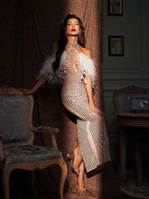 Load image into Gallery viewer, Russell Halterneck Rhinestone Feather Maxi Dress
