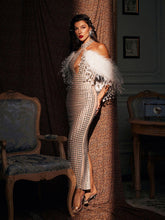 Load image into Gallery viewer, Russell Halterneck Rhinestone Feather Maxi Dress
