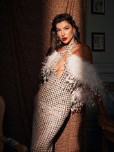 Load image into Gallery viewer, Russell Halterneck Rhinestone Feather Maxi Dress
