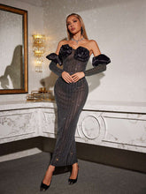 Load image into Gallery viewer, Rusty Strapless Flower Rhinestone Maxi Dress With Gloves
