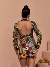 Load image into Gallery viewer, Saige Long Sleeve Mesh Flower Mini Dress In Black
