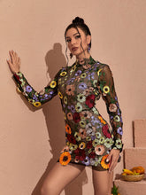 Load image into Gallery viewer, Saige Long Sleeve Mesh Flower Mini Dress In Black
