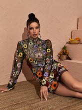 Load image into Gallery viewer, Saige Long Sleeve Mesh Flower Mini Dress In Black
