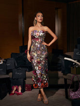 Load image into Gallery viewer, Saige Strapless Mesh Flower Midi Dress In Black
