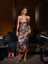 Load image into Gallery viewer, Saige Strapless Mesh Flower Midi Dress In Black
