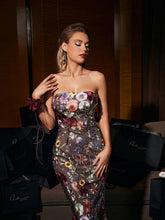 Load image into Gallery viewer, Saige Strapless Mesh Flower Midi Dress In Black
