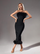 Load image into Gallery viewer, Salome Strapless Feather Trimmed Bandage Dress In Black

