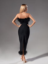 Load image into Gallery viewer, Salome Strapless Feather Trimmed Bandage Dress In Black
