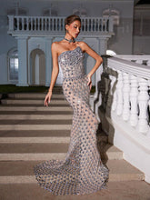 Load image into Gallery viewer, Sean Strapless Rhinestone Mesh Maxi Dress
