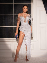 Load image into Gallery viewer, Sem Pearl Embellished Asymmetric Sequin Dress
