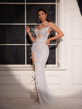 Load image into Gallery viewer, Sem Pearl Embellished Asymmetric Sequin Dress
