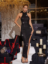 Load image into Gallery viewer, Senta Backless Back Bow Sequin Maxi Dress In Black
