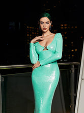 Load image into Gallery viewer, Sian Long Sleeve Sequin Cutout Midi Dress In Teal
