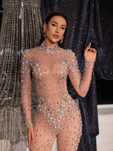 Load image into Gallery viewer, Sibe Rhinestone Pearl Embellished Mesh Jumpsuit
