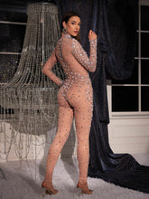 Load image into Gallery viewer, Sibe Rhinestone Pearl Embellished Mesh Jumpsuit
