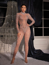 Load image into Gallery viewer, Sibe Rhinestone Pearl Embellished Mesh Jumpsuit
