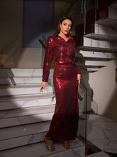 Load image into Gallery viewer, Solstice Sequin Button Shirt Split Skirt Set In Red
