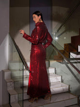 Load image into Gallery viewer, Solstice Sequin Button Shirt Split Skirt Set In Red
