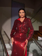 Load image into Gallery viewer, Solstice Sequin Button Shirt Split Skirt Set In Red
