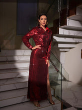 Load image into Gallery viewer, Solstice Sequin Button Shirt Split Skirt Set In Red
