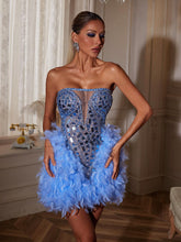 Load image into Gallery viewer, Solvay Strapless Acrylic Feather Mini Dress
