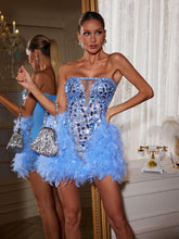 Load image into Gallery viewer, Solvay Strapless Acrylic Feather Mini Dress
