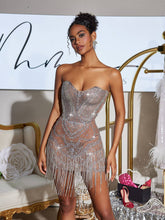 Load image into Gallery viewer, Stragaz Strapless Crystal Chain Fringe Mini Dress
