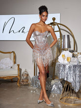 Load image into Gallery viewer, Stragaz Strapless Crystal Chain Fringe Mini Dress
