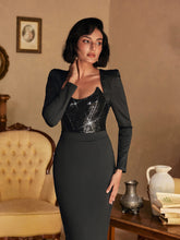Load image into Gallery viewer, Sweetie Long Sleeve Patchwork Sequin Midi Dress In Black
