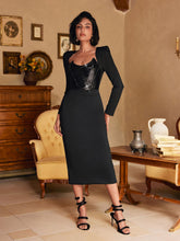 Load image into Gallery viewer, Sweetie Long Sleeve Patchwork Sequin Midi Dress In Black

