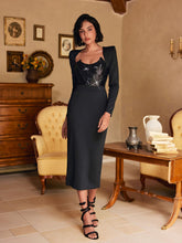 Load image into Gallery viewer, Sweetie Long Sleeve Patchwork Sequin Midi Dress In Black
