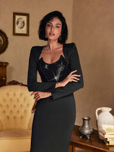 Load image into Gallery viewer, Sweetie Long Sleeve Patchwork Sequin Midi Dress In Black
