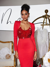 Load image into Gallery viewer, Sweetie Long Sleeve Patchwork Sequin Midi Dress In Red
