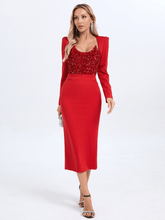 Load image into Gallery viewer, Sweetie Long Sleeve Patchwork Sequin Midi Dress In Red

