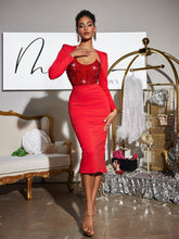 Load image into Gallery viewer, Sweetie Long Sleeve Patchwork Sequin Midi Dress In Red
