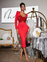 Load image into Gallery viewer, Sweetie Long Sleeve Patchwork Sequin Midi Dress In Red
