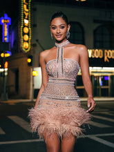 Load image into Gallery viewer, Tamisha Halterneck Rhinestone Feather Mini Dress
