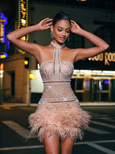 Load image into Gallery viewer, Tamisha Halterneck Rhinestone Feather Mini Dress
