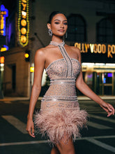 Load image into Gallery viewer, Tamisha Halterneck Rhinestone Feather Mini Dress
