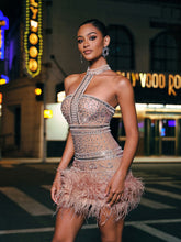 Load image into Gallery viewer, Tamisha Halterneck Rhinestone Feather Mini Dress
